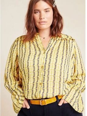Anthropologie Maeve Fredericka Yellow Dachshund Print Buttondown Shirt